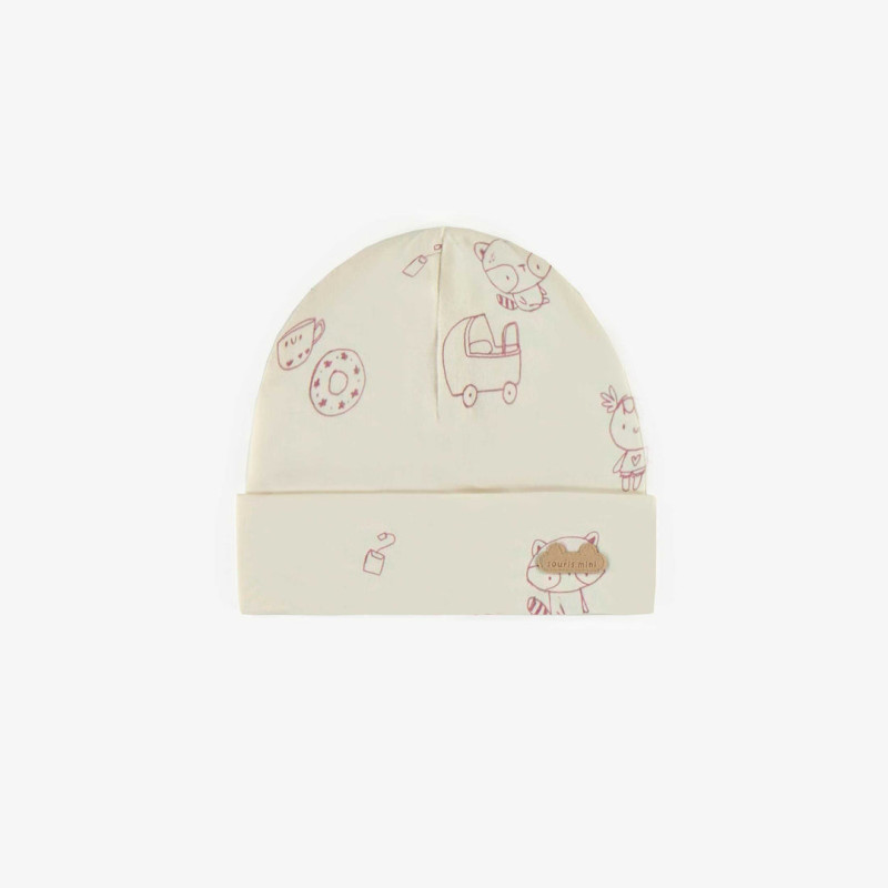 Cream patterned hat in organic cotton, newborn