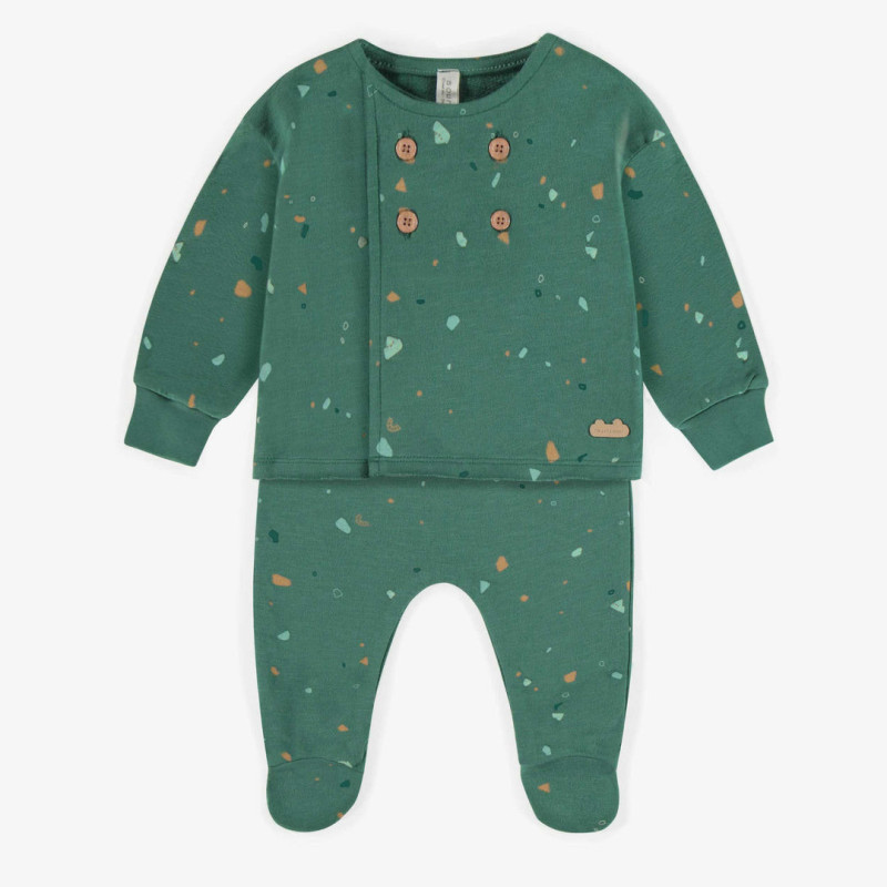 Green two-piece pajama with a multicolored pattern in French terry, newborn