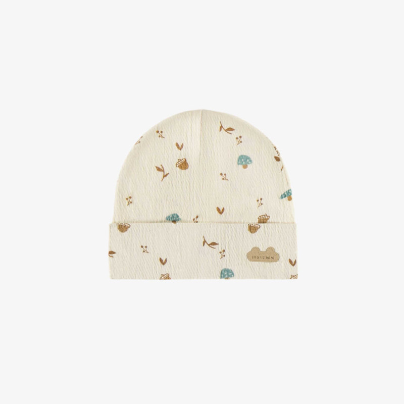 Cream hat with with hazelnuts and mushrooms brown and blue in organic crinkle jersey, newborn