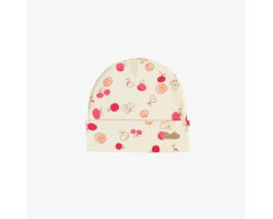 Cream bonnet with cherries print in ribbed knit organic cotton, newborn