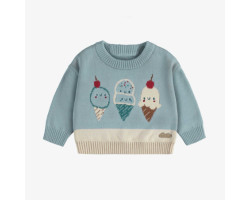 Long sleeves blue and cream knit sweater with jacquard pattern, newborn