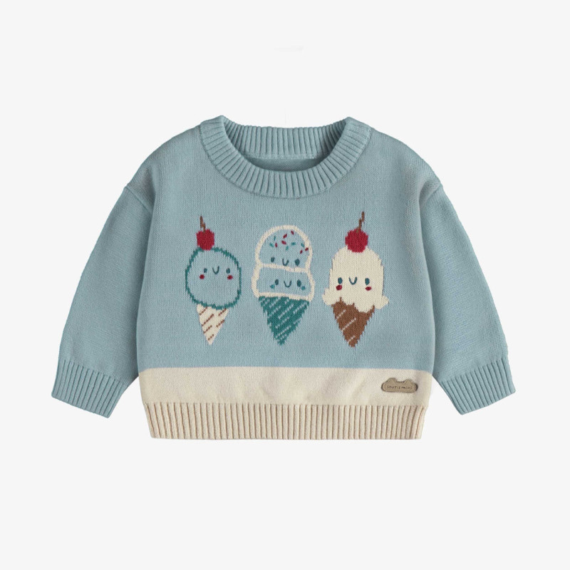 Long sleeves blue and cream knit sweater with jacquard pattern, newborn