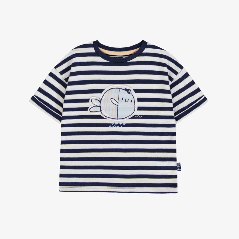 White and navy striped short sleeves t-shirt with print, baby