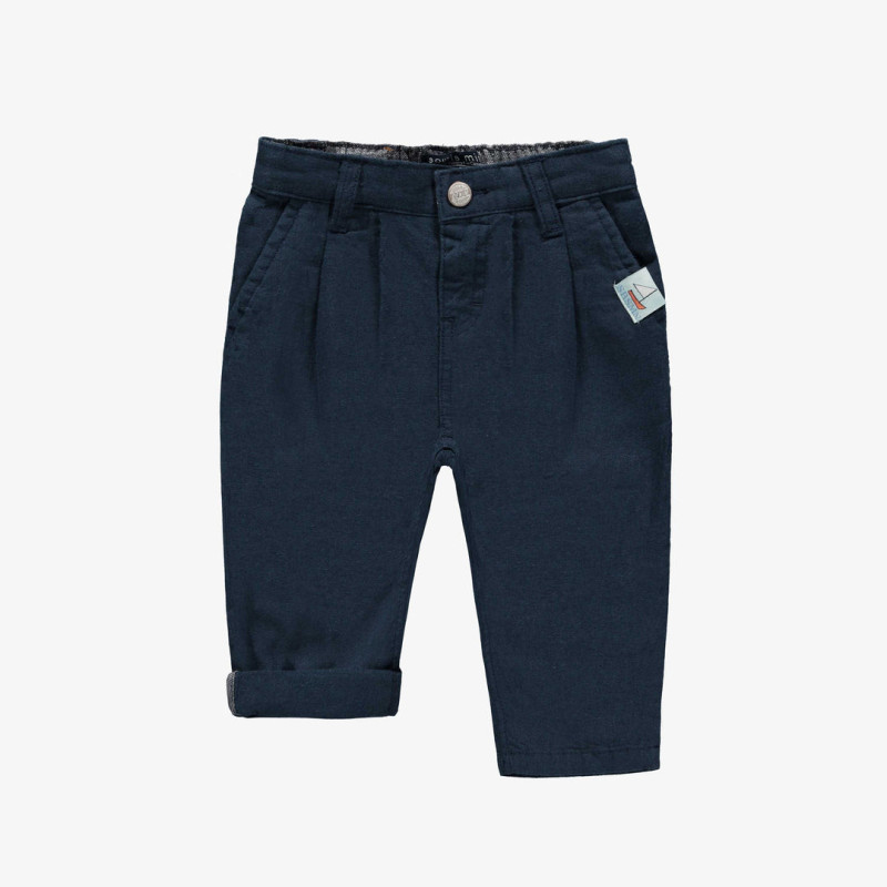 Navy slim fit pants in cotton and linen, baby