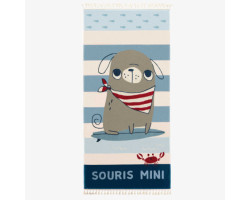 Blue beach towel with a dog illustration in terry, child