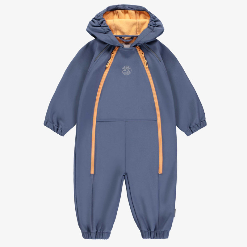 Blue softshell one piece hooded coat, baby