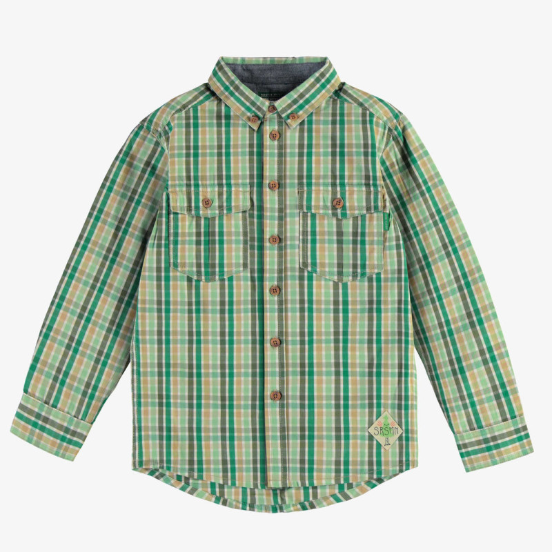 Green and cream plaid shirt in soft cotton, child