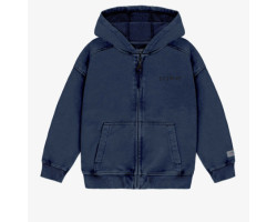 Navy hooded sweater with zipper in French terry, child