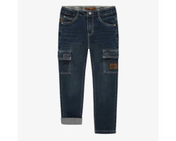 Regular fit pants with cargo pockets in stretch dark blue denim, child