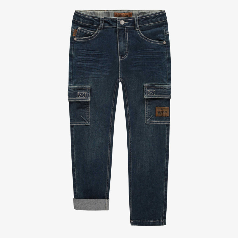 Regular fit pants with cargo pockets in stretch dark blue denim, child
