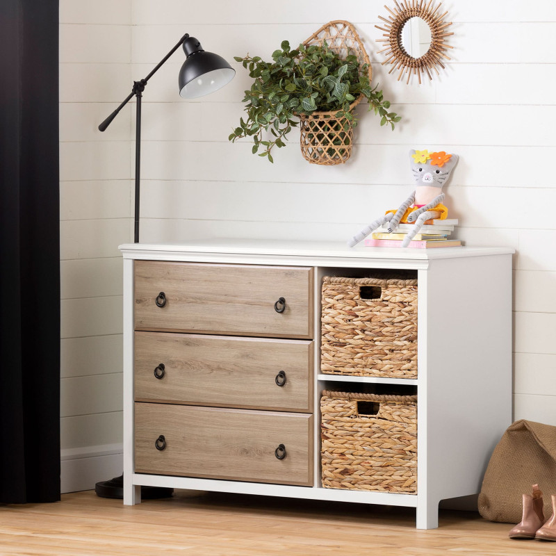 3 Drawer Chest with Baskets - Cotton Candy White and Rustic Oak