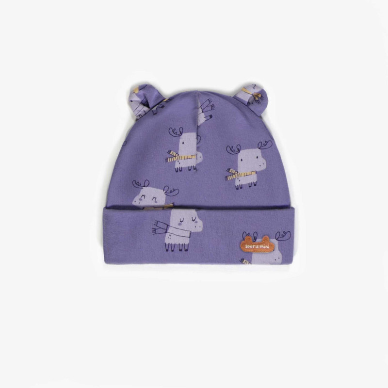 Purple patterned hat in organic cotton, newborn