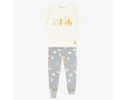 Cream and bleu two-pieces pajama with bunnies and chickens print, child