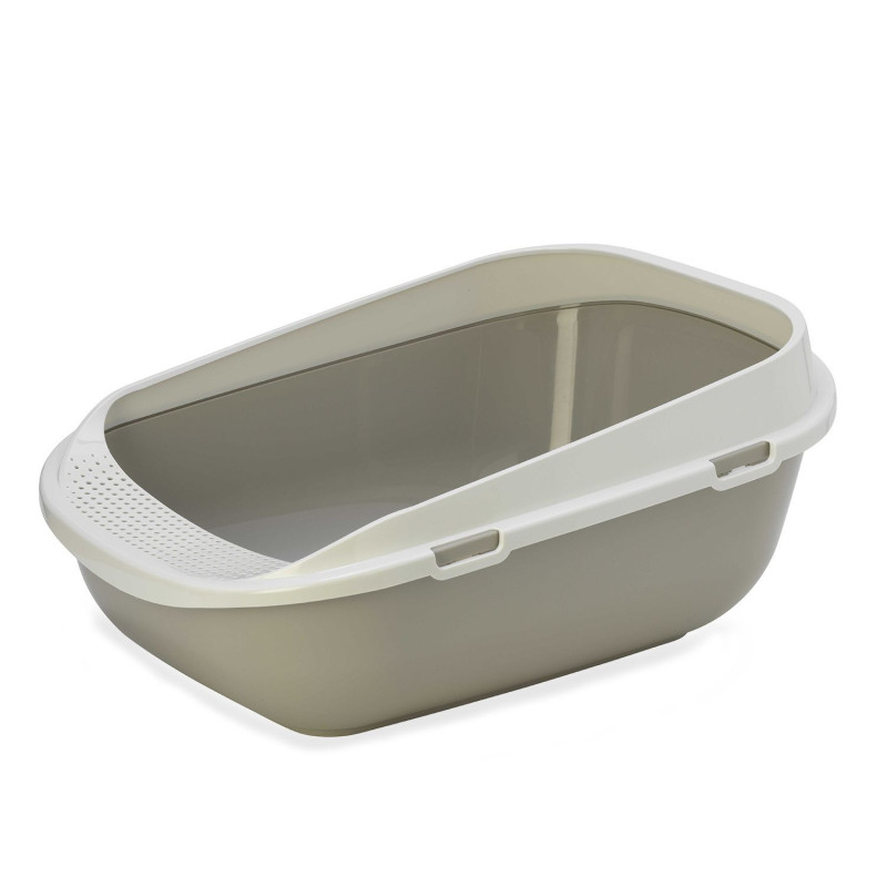 Gray litter box with rim for access…