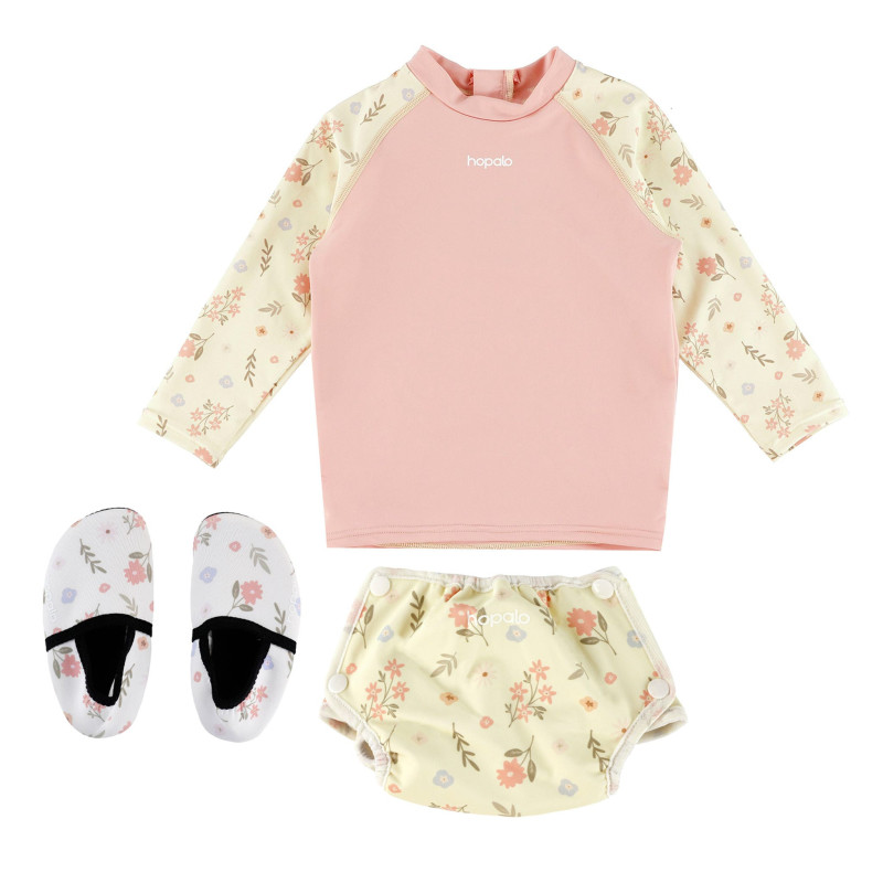 Hopalo Ensemble T-shirt Maillot UV Floral + Maillot Couche Floral 8-35lbs + Chausson d'Eau Floral