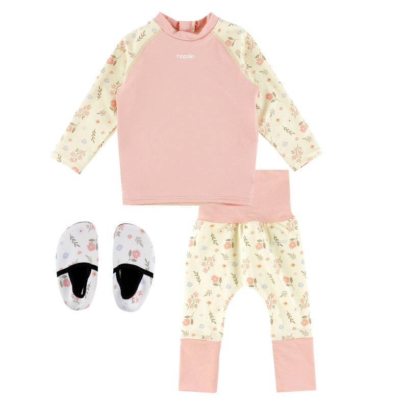 Hopalo Ensemble T-shirt Maillot UV 2-3ans + Pantalon Évolutif UV 0-36mois + Chaussons d'Eau 2-3ans - Floral