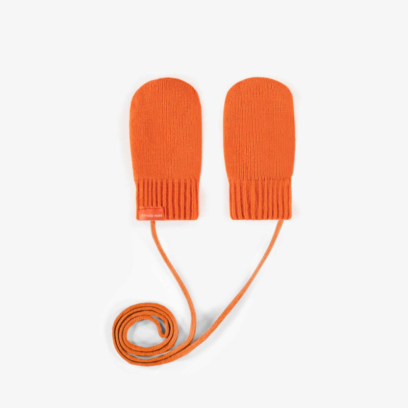 Orange knitted mittens, baby