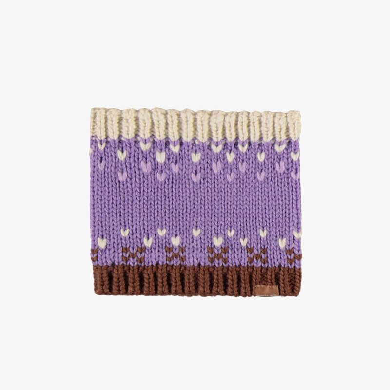 Purple and cream knitted neck warmer with a jacquard print, baby