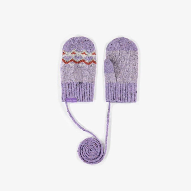 Purple jacquard knitted mittens with string, baby