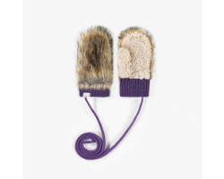Purple faux fur mittens with string, baby
