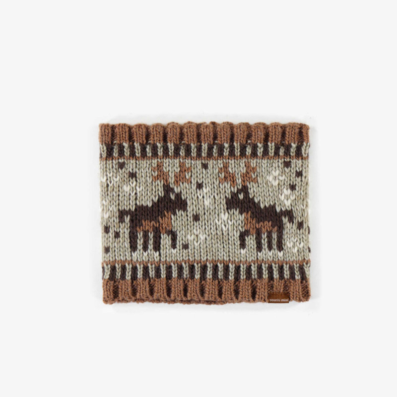 Brown neck warmer with moose pattern, baby