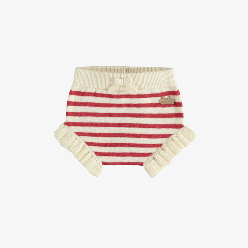 Cream and red stripes knitted short with ruffles, newborn