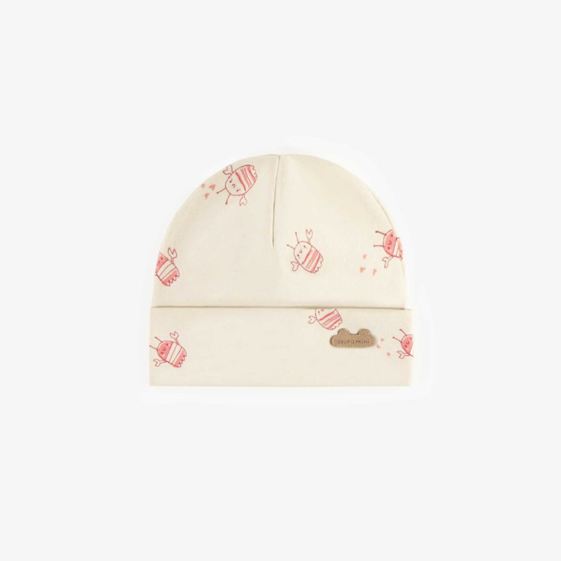 Cream hat with crayfish print in organic jersey, newborn