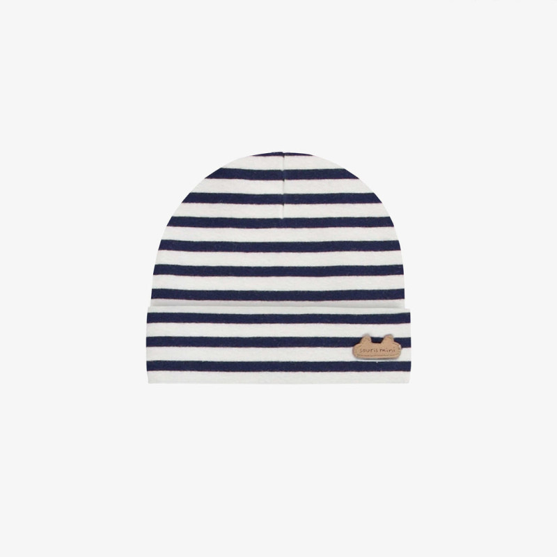 Navy and white striped bonnet in stretch jersey, newborn