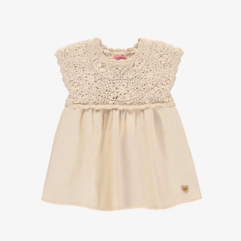 Cream short sleeves linen dress with crochet, baby
