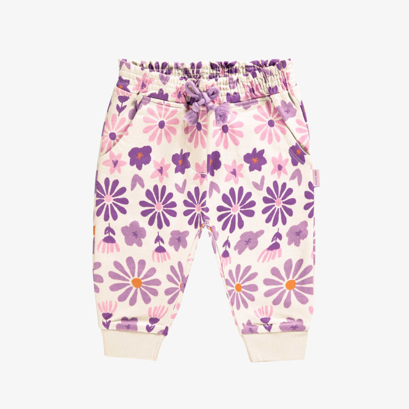 Cream pants with purple floral print in French terry, baby