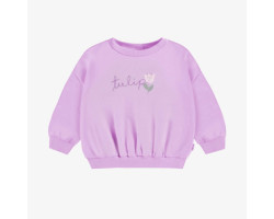 Loose-fitting lilac sweater with tulip motif in french cotton, baby