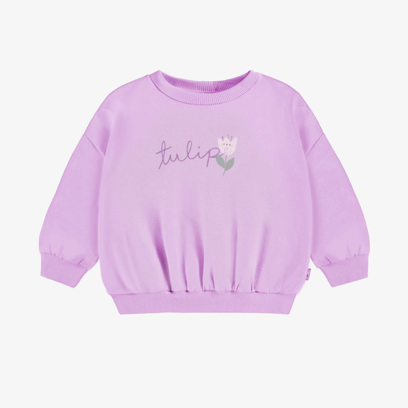 Loose-fitting lilac sweater with tulip motif in french cotton, baby