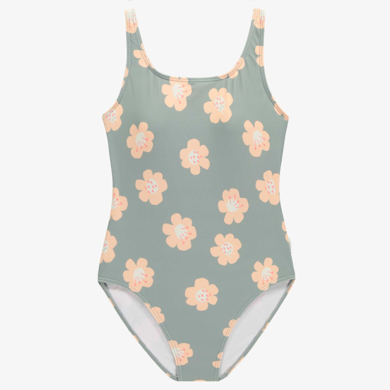 Sage green one-piece swimwear with peach large flowers, adult
