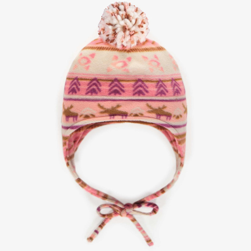 Pink patterned toque with pompom in fleece, baby
