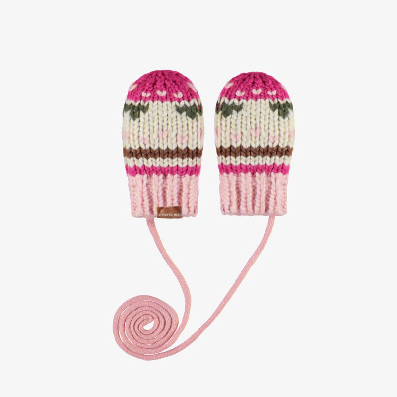 Pink and cream knitted mittens with a print and drawstring, baby