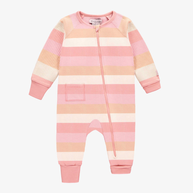 Striped pink, cream and orange one-piece pajama with long sleeves in ribbed knit, baby