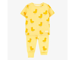Yellow two pieces pyjamas in strech jersey with duck all over print, baby