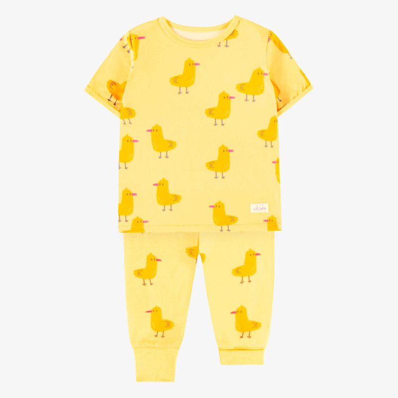 Yellow two pieces pyjamas in strech jersey with duck all over print, baby