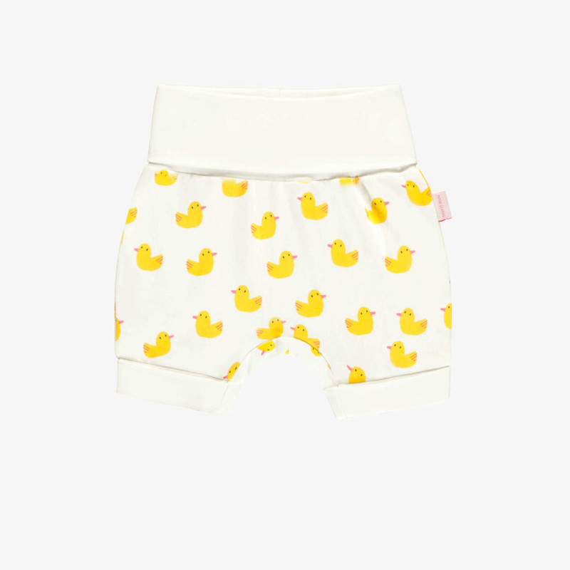 White evolutive shorts with yellow ducks in soft jersey, baby