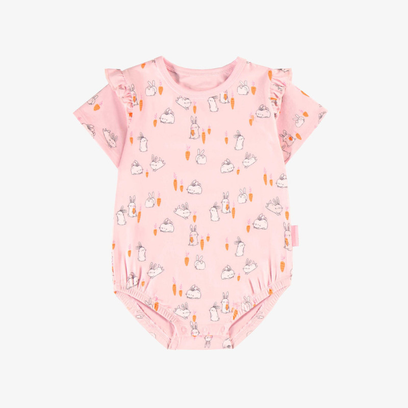 Pink bodysuit with ruffle and with bunnies and chickens print, baby