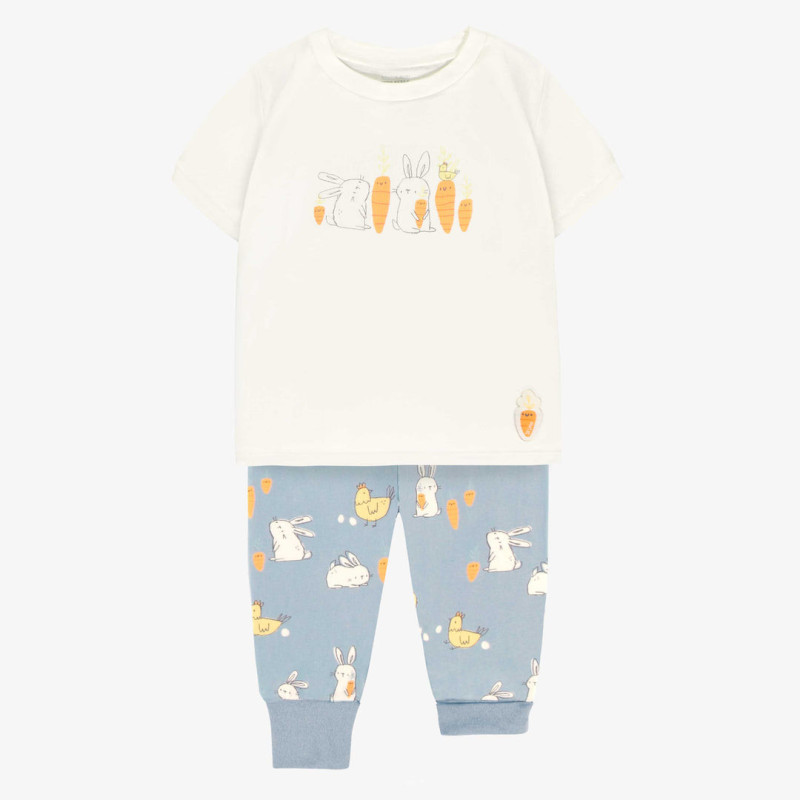 Cream and bleu two-pieces pajama with bunnies and chickens print, baby