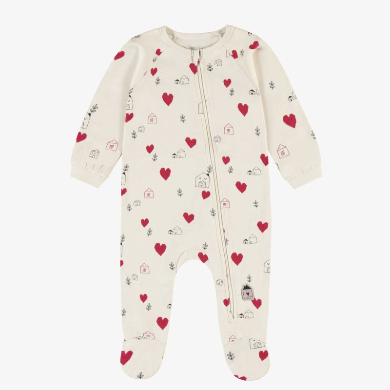 Cream one-piece pajama with little red hearts print, baby