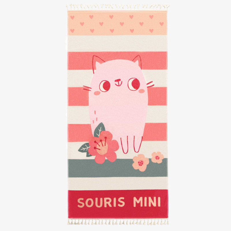 Pink beach towel with a kitten illustration in terry, child
