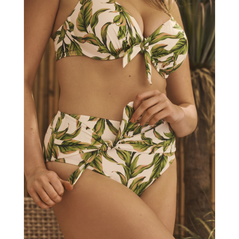 TURQUOISE COUTURE Bas de bikini drapé à taille haute Jungle Leaves