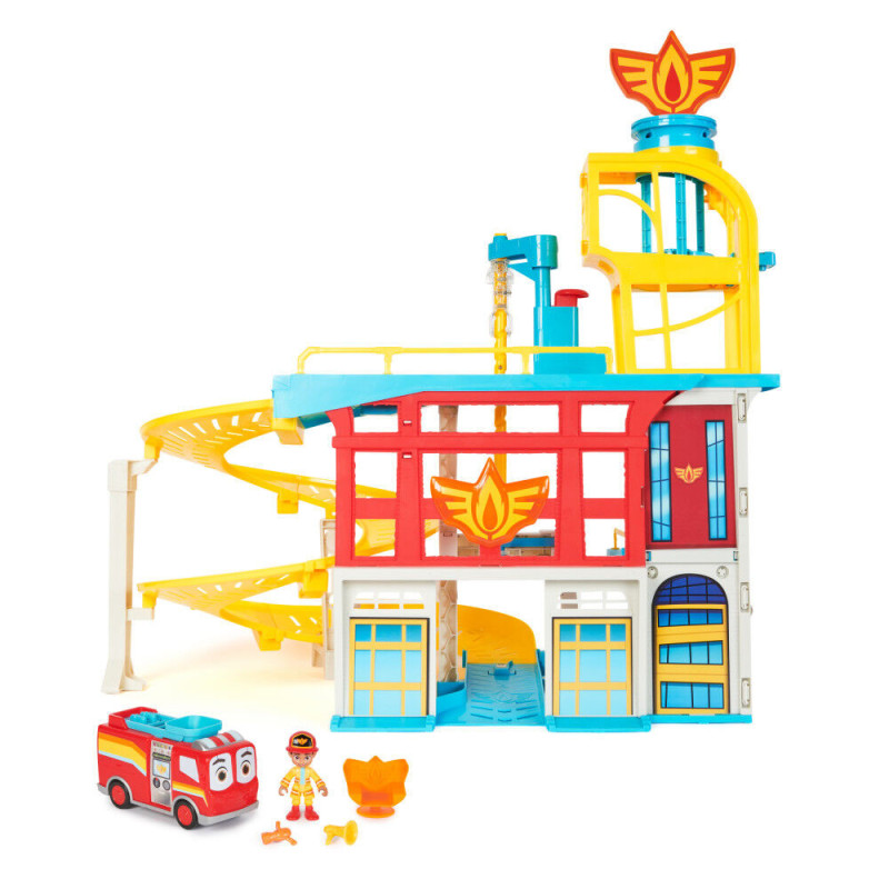 Disney Junior Firebuds, Coffret QG avec effets sonores et lumineux, camion de pompier, figurine articulée et lance-véhicule