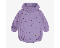 Purple heart-patterned hooded one-piece in soft jersey of organic cotton, newborn