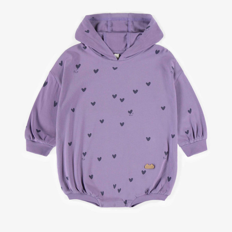 Purple heart-patterned hooded one-piece in soft jersey of organic cotton, newborn