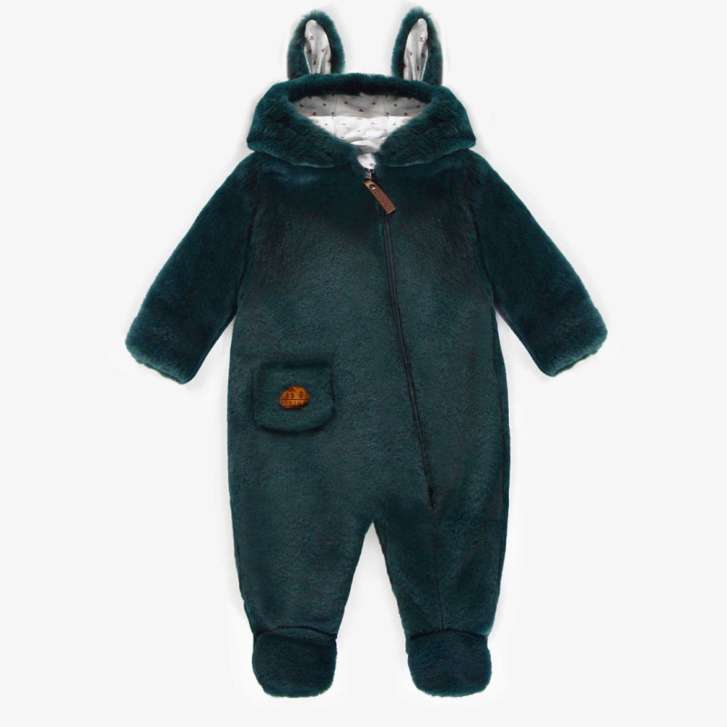 Emerald one-piece with integrated feet in faux fur, newborn