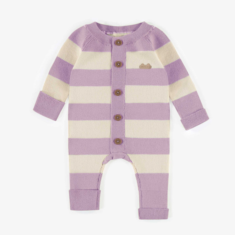 Purple and white striped one-piece in knit imitation cashmere, newborn