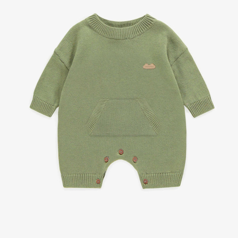 Green long-sleeved one-piece in knitwear, newborn